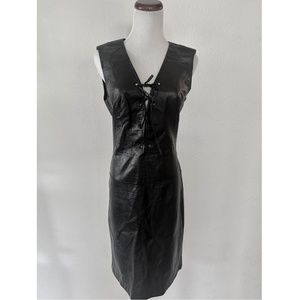 Vintage Black Leather Dress Corset Lace-up Sleeveless Knee Length Medium